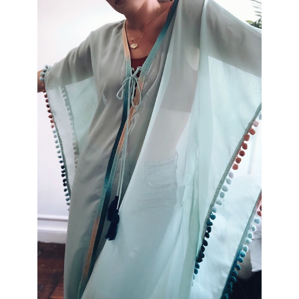 Frosty Aqua Sheer Pom Pom Kimono Cover Up - Picture 4 of 8
